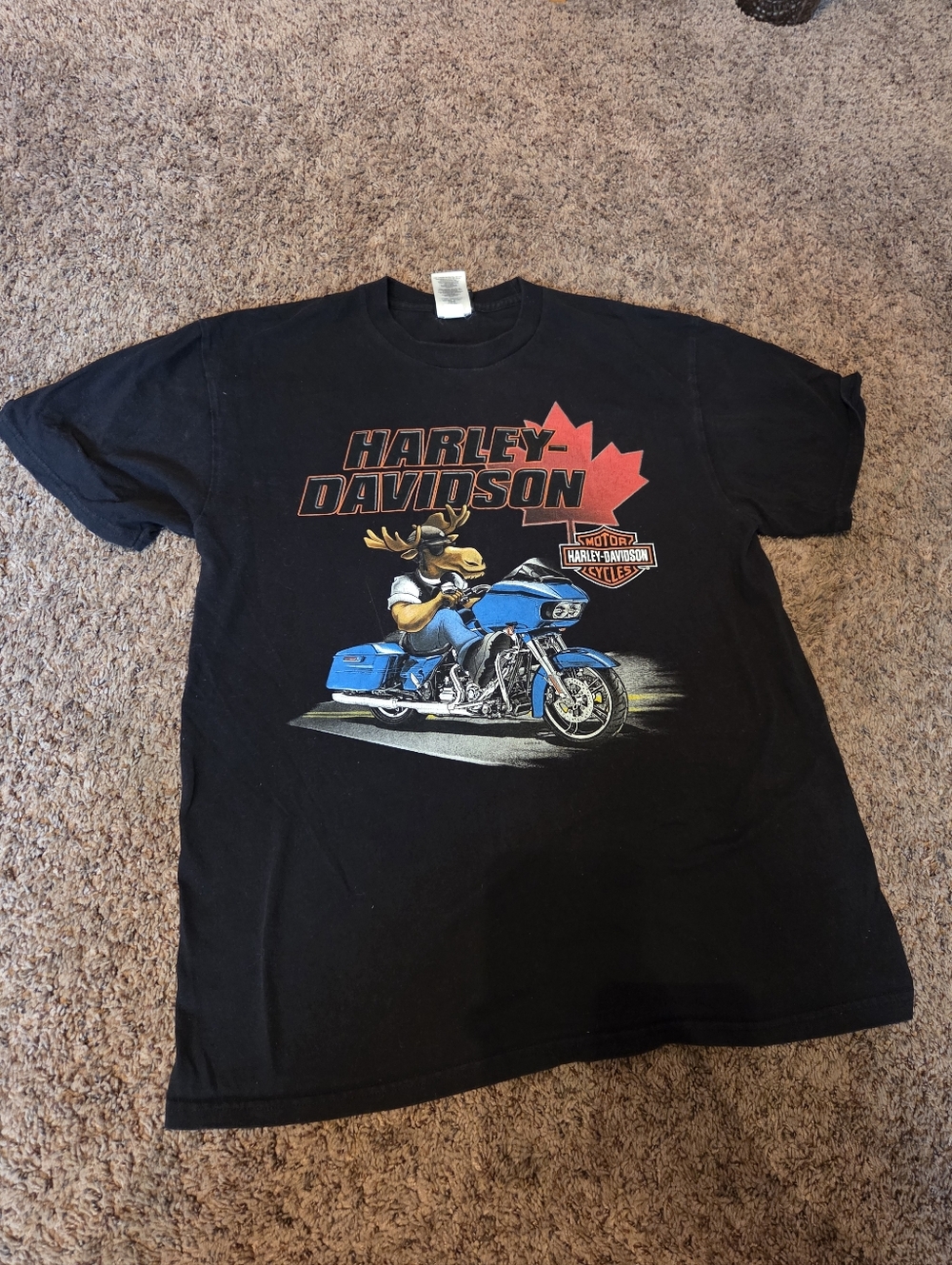 Vintage Harley-Davidson Black Tee with Blue Motorcycle and Red Maple Graphic